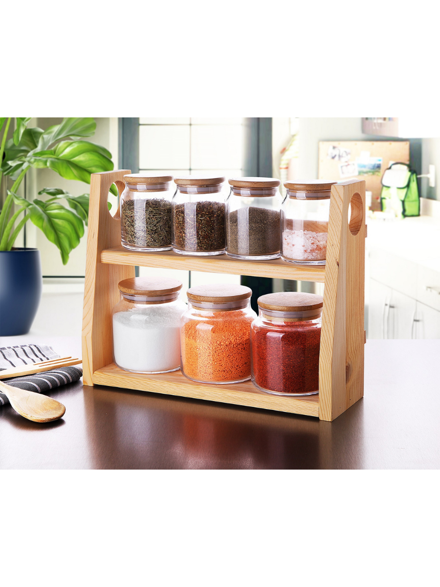 Bambu Kapaklı Yedili Cam Baharat Takımı resmi
