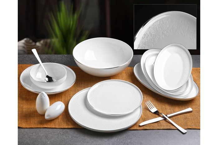 55 PARÇA SILVER KABARTMA DESEN BONE CHINA YEMEK TAKIMI resmi