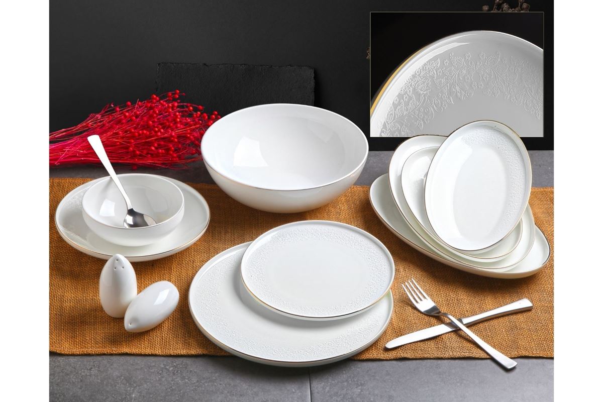 55 PARÇA GOLD DESENLİ BONE CHINA YEMEK TAKIMI resmi