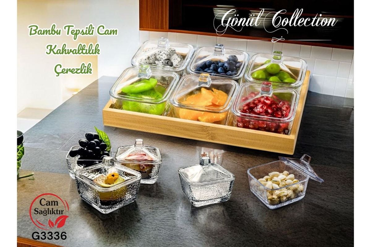 BAMBU TEPSİLİ CAM KAHVALTILIK resmi