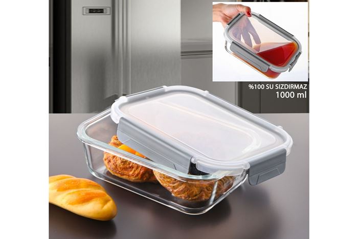 1000ML BOROSİLİKAT CAM SAKLAMA KABI PLASTİK KAPAK resmi