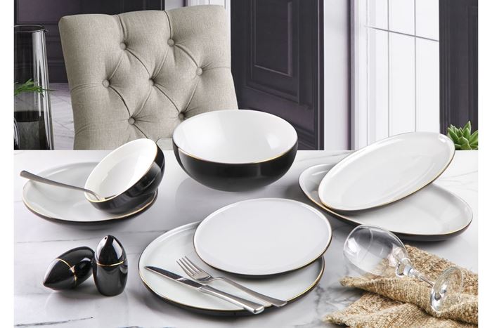 55 PARÇA GOLD SİYAH BONE CHINA YEMEK TAKIMI resmi