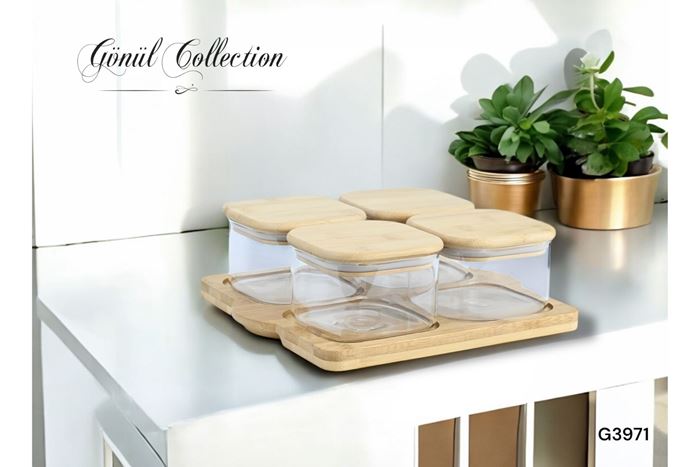 BAMBU KAPAKLI BOROSILIKAT 4LÜ CAM KAHVALTILIK resmi