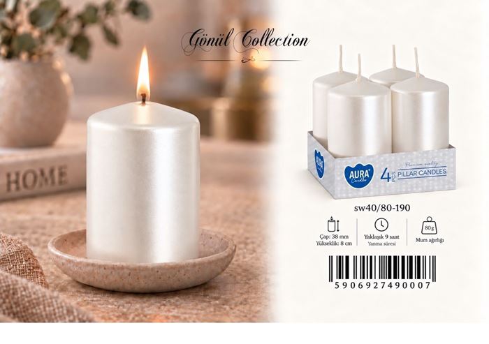 4LÜ SİLİNDİR MUM 40X80 BEYAZ İNCİ resmi