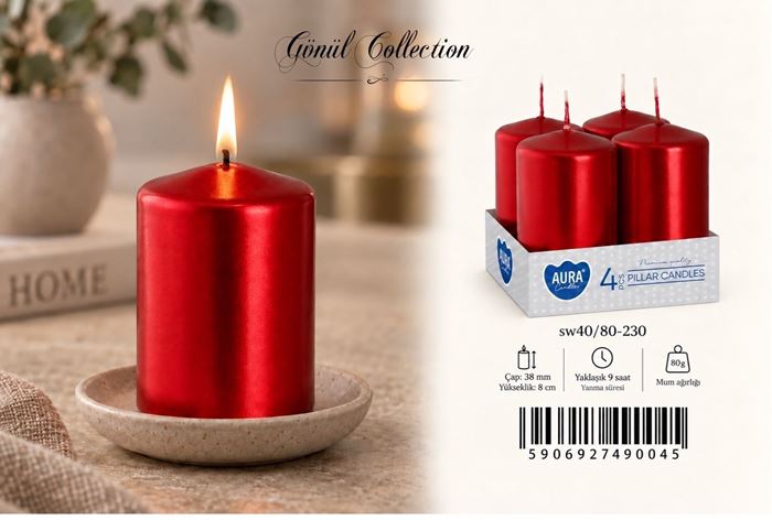 4LÜ SİLİNDİR MUM 40X80 RED METALİC resmi