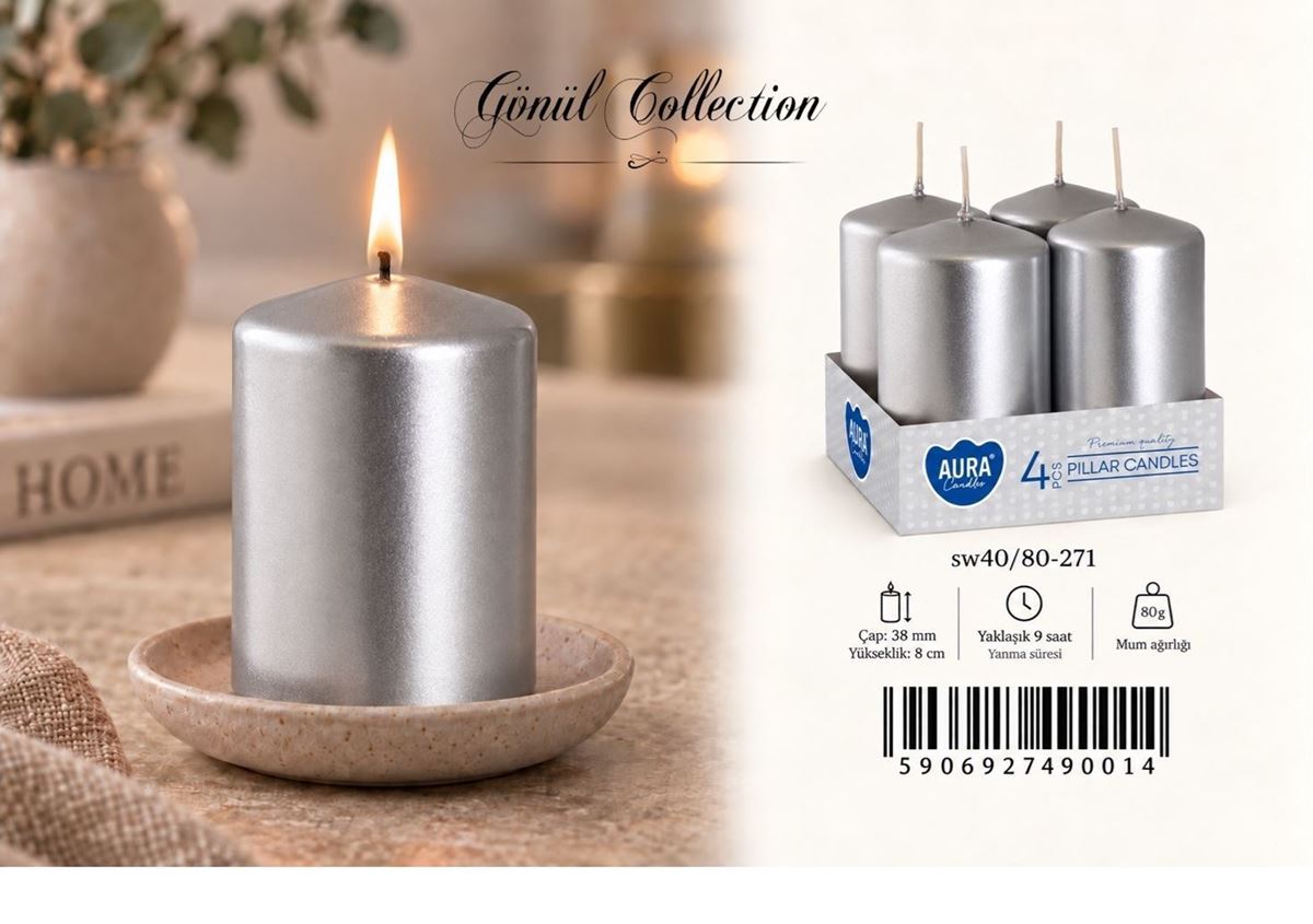 4LÜ SİLİNDİR MUM 40X80 SILVER  METALİC resmi