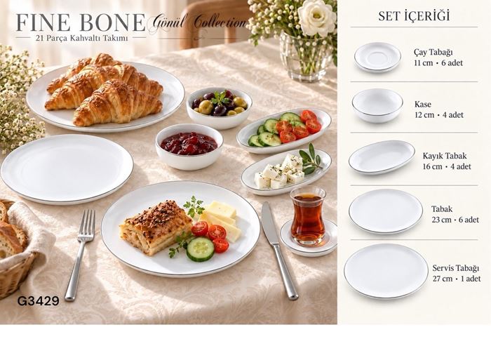 21 PRÇ SILVER BONE CHINA KAHVALTI TAKIMI resmi